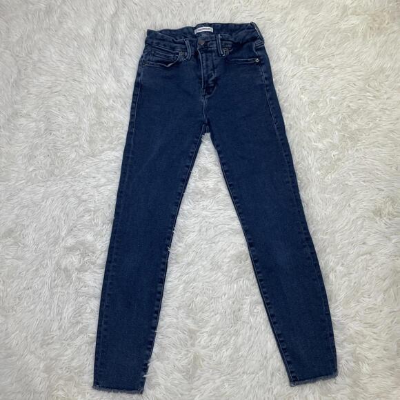 Good American Good Legs Jeans Women 0/25 Blue Mid Rise Raw Hem Dark Wash Stretch - Picture 1 of 16